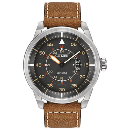 MENS AVION ECO-DRIVE BROWN LEATHER STRAP WATCH DARK GRAY DIAL