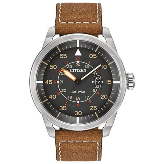MENS AVION ECO-DRIVE BROWN LEATHER STRAP WATCH DARK GRAY DIAL