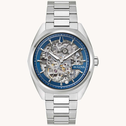 MEN'S SURVEYOR AUTOMATIC SILVER-TONE STAINLESS STEEL WATCH, SILVER SKELETON DIAL