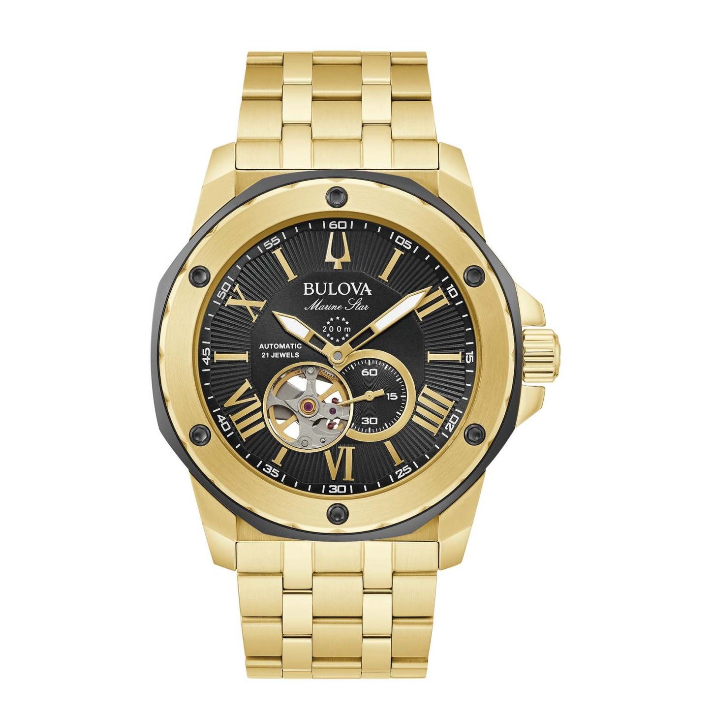MEN'S MARINE STAR GOLD-TONE STAINLESS STEEL WATCH, BLACK DIAL