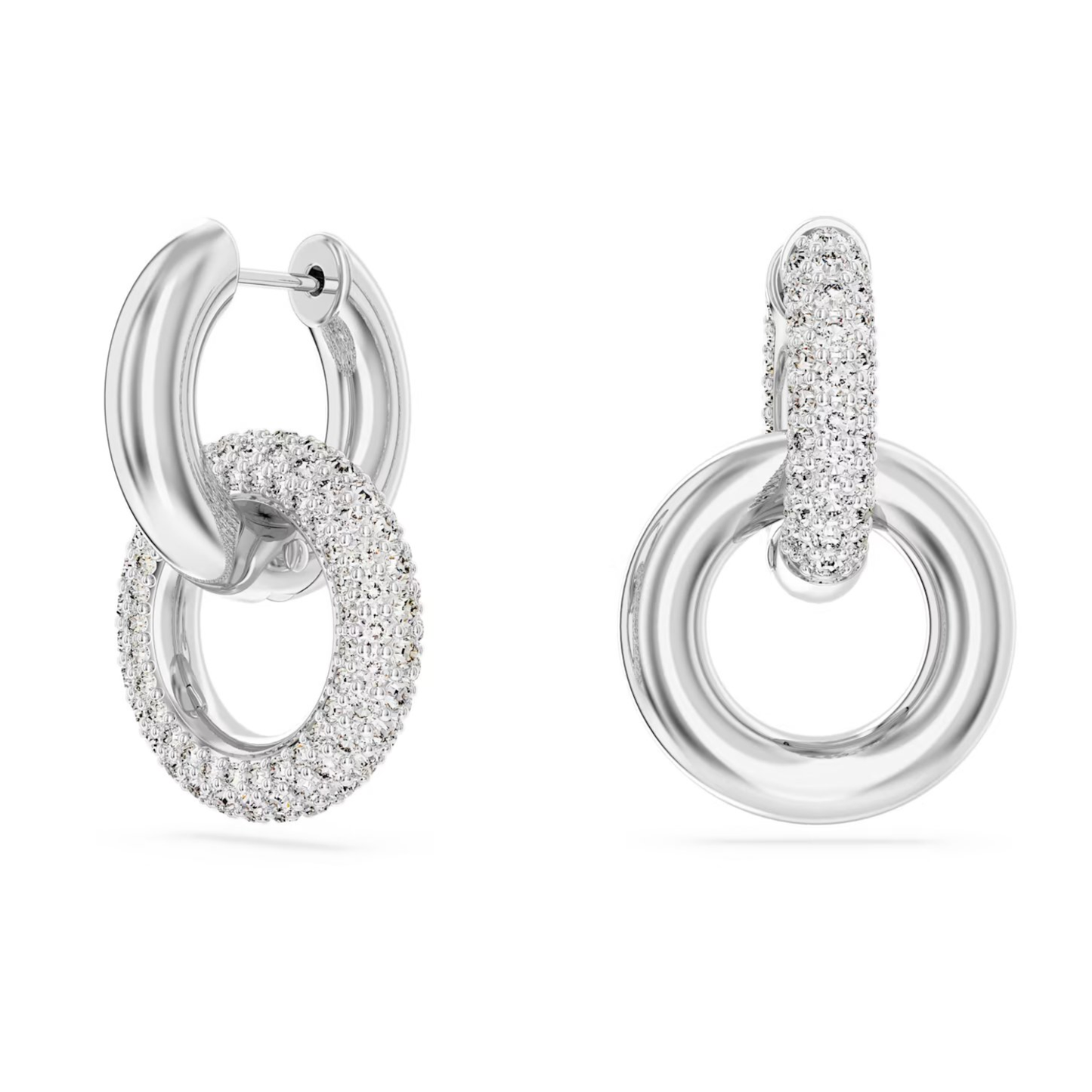 SWAROVSKI DEXTERA HOOP EARRINGS ASYMMETRICAL DESIGN, INTERLOCKING LOOP, WHITE, RHODIUM PLATED