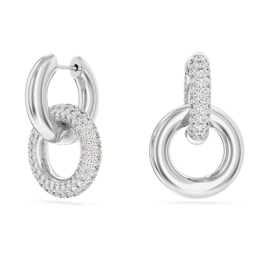 SWAROVSKI DEXTERA HOOP EARRINGS ASYMMETRICAL DESIGN, INTERLOCKING LOOP, WHITE, RHODIUM PLATED