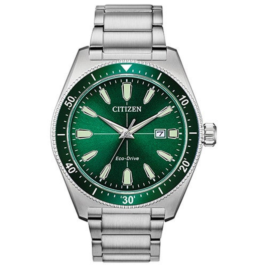 MEN'S BRYCEN ECO-DRIVE SILVER-TONE STAINLESS STEEL WATCH, PINE GREEN DIAL