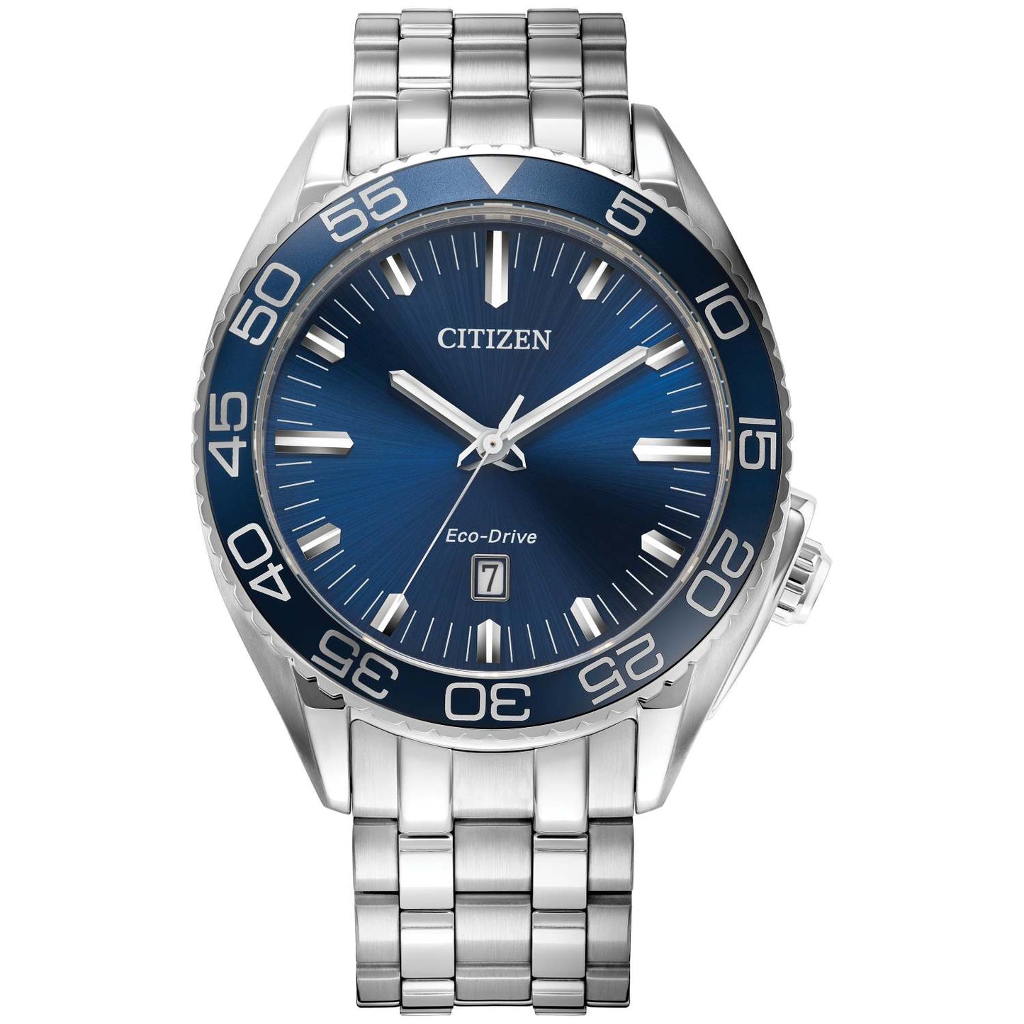 MEN'S CARSON SPORT LUXURY ECO-DRIVE SILVER-TONE STAINLESS STEEL WATCH, BLUE DIAL