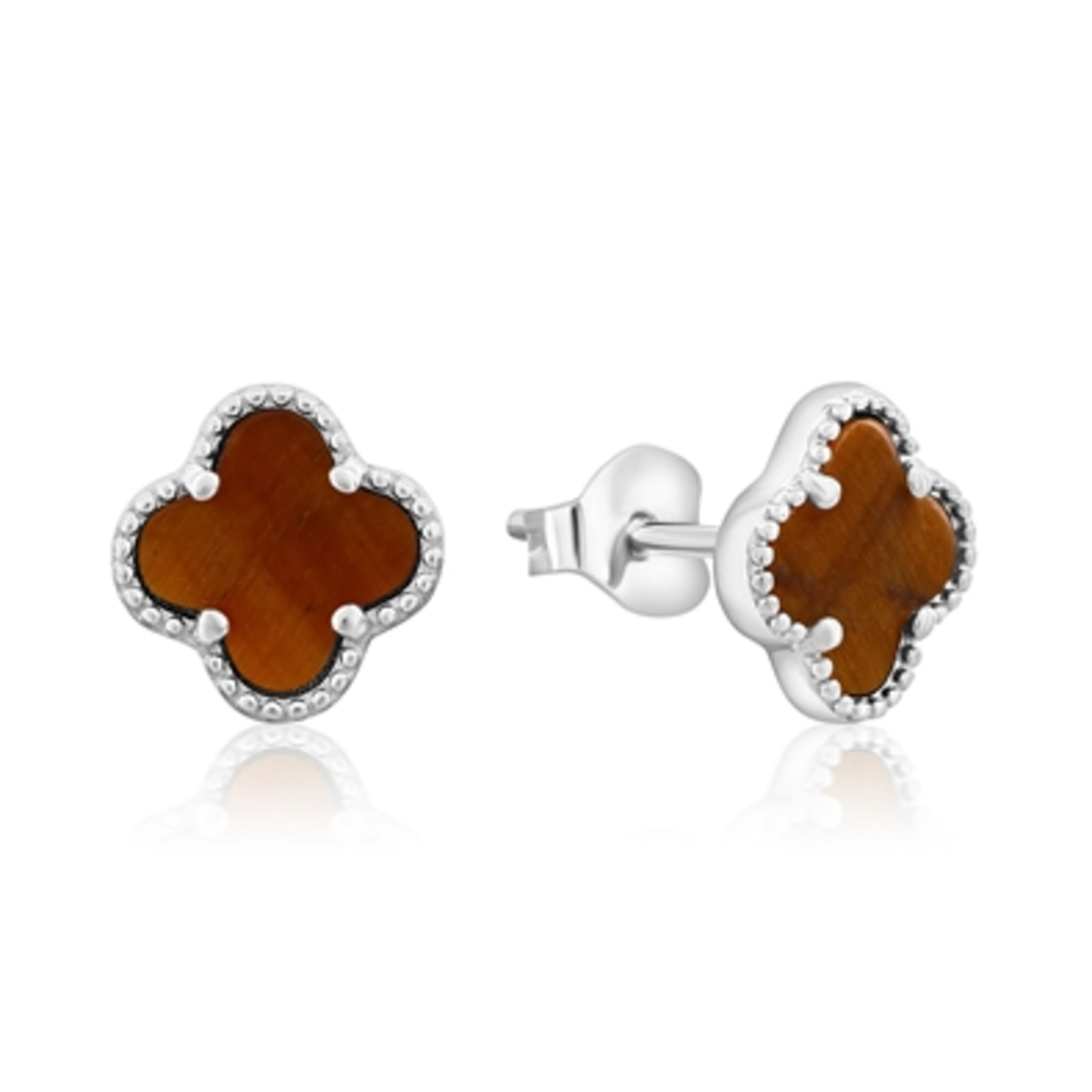 STERLING SILVER TIGER EYE CLOVER STUDS, BROWN, 7MM