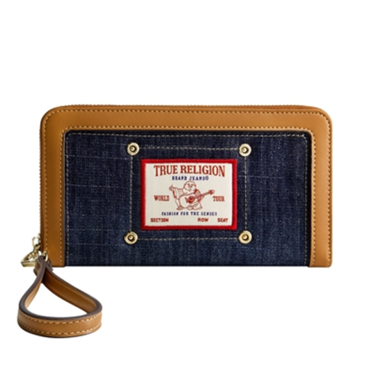 BUDDHA PATCH ZIP AROUND WRISTLET, DARK DENIM
