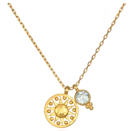 SATYA BLUE TOPAZ GOLD SUN 18 INCH PENDANT NECKLACE