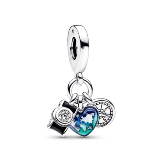 CAMERA HEART AND COMPASS DANGLE CHARM, MULTICOLOR, ONE SIZE