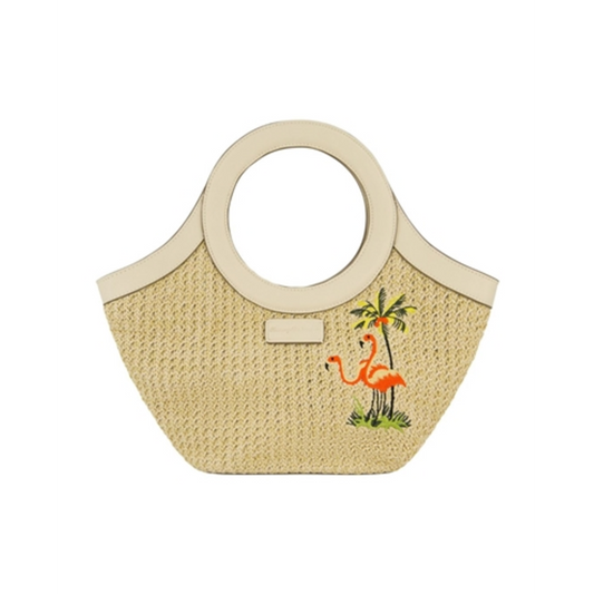 FLAMINGO EMBROIDERY TOTE, CREAM