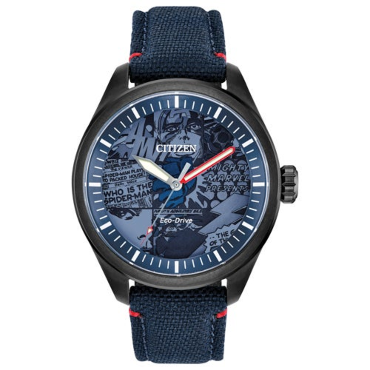 MEN'S MARVEL HEROES ECO-DRIVE NAVY CORDURA STRAP WATCH, BLUE DIAL