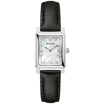 LADIES' SUTTON GOLD & BLACK LEATHER STRAP RECTANGLE WATCH, MOTHER-OF-PEARL DIAL