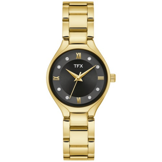 LADIES' TFX GOLD-TONE STAINLESS STEEL WATCH W/ CRYSTAL MARKERS, BLACK DIAL
