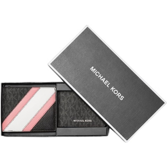 LOGO STRIPE WALLET  AND  PASSCASE GIFT SET, BLACK/PINK