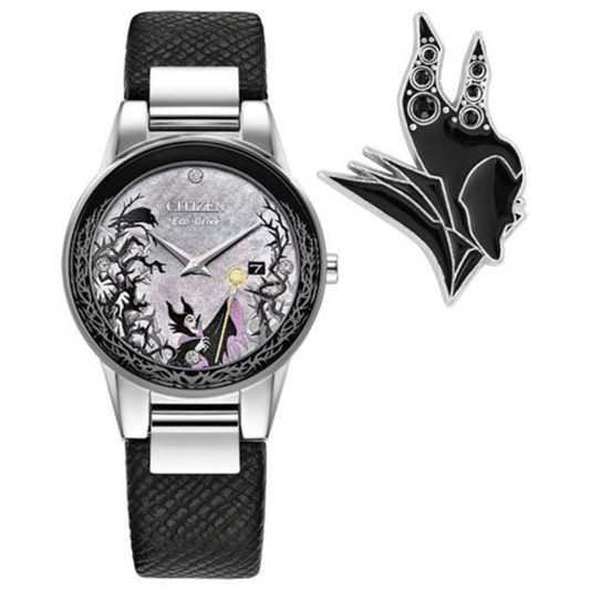 LADIES' MALEFICENT'S CHARM ECO-DRIVE BLACK LEATHER STRAP WATCH, GRAY DIAL