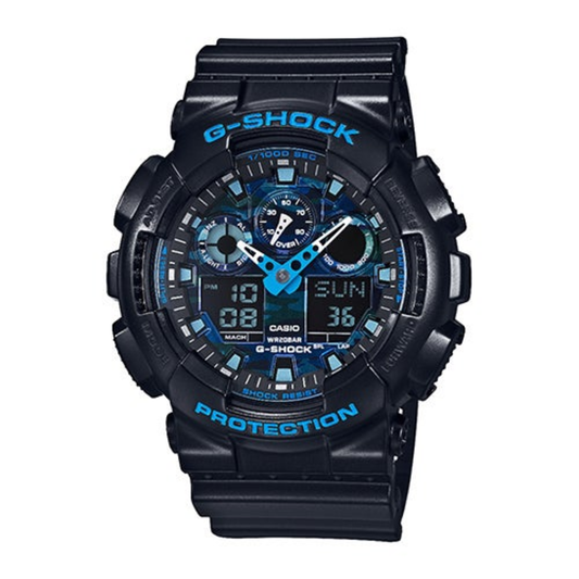 MENS G-SHOCK ANA-DIGI BLACK RESIN WATCH BLUE CAMOUFLAGE DIAL