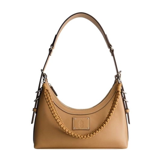 DEBOSSED LOGO ZIP-TOP HOBO BAG, TAN