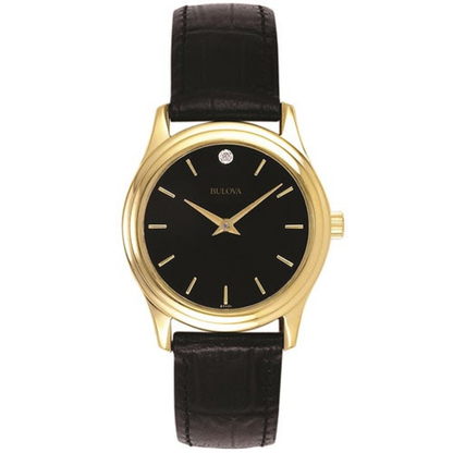 LADIES CORPORATE COLLECTION GOLD & BLACK LEATHER STRAP WATCH BLACK DIAL