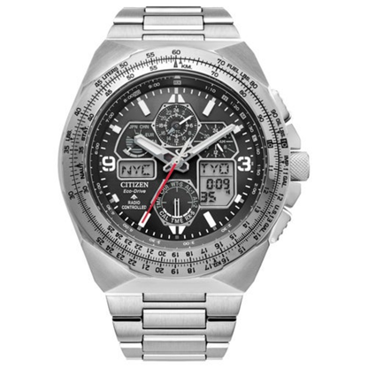 MEN'S PROMASTER SKYHAWK A-T ECO-DRIVE CHRONO SILVER-TONE SS WATCH, BLACK DIAL