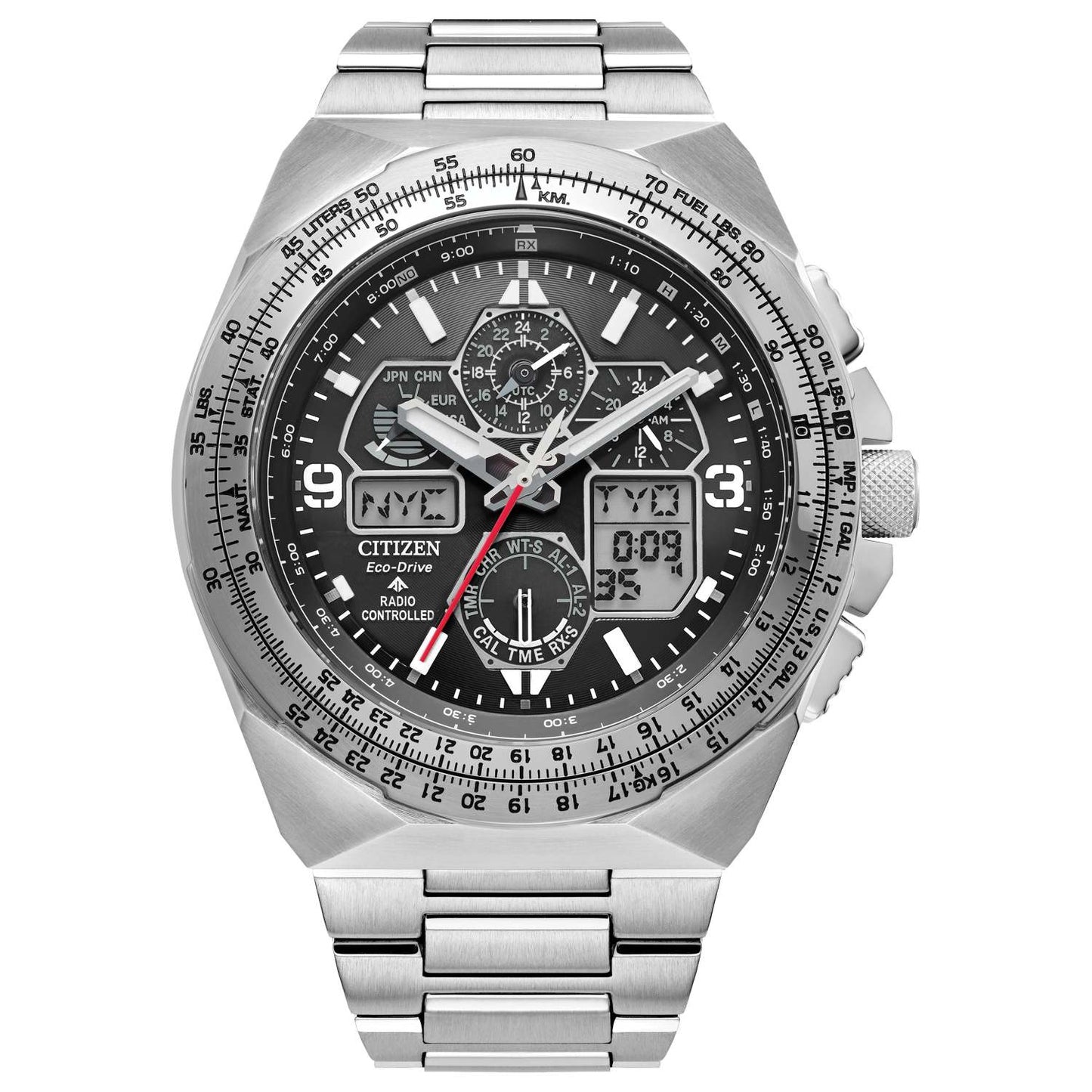 MEN'S PROMASTER SKYHAWK A-T ECO-DRIVE CHRONO SILVER-TONE SS WATCH, BLACK DIAL