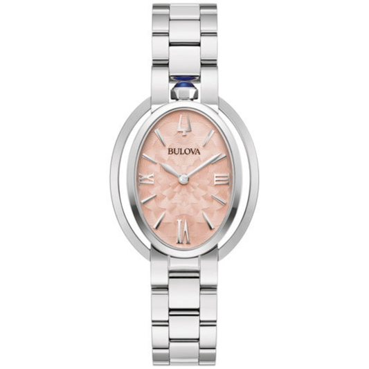 LADIES' RUBAIYAT SILVER-TONE STAINLESS STEEL OVAL WATCH, SALMON DIAL