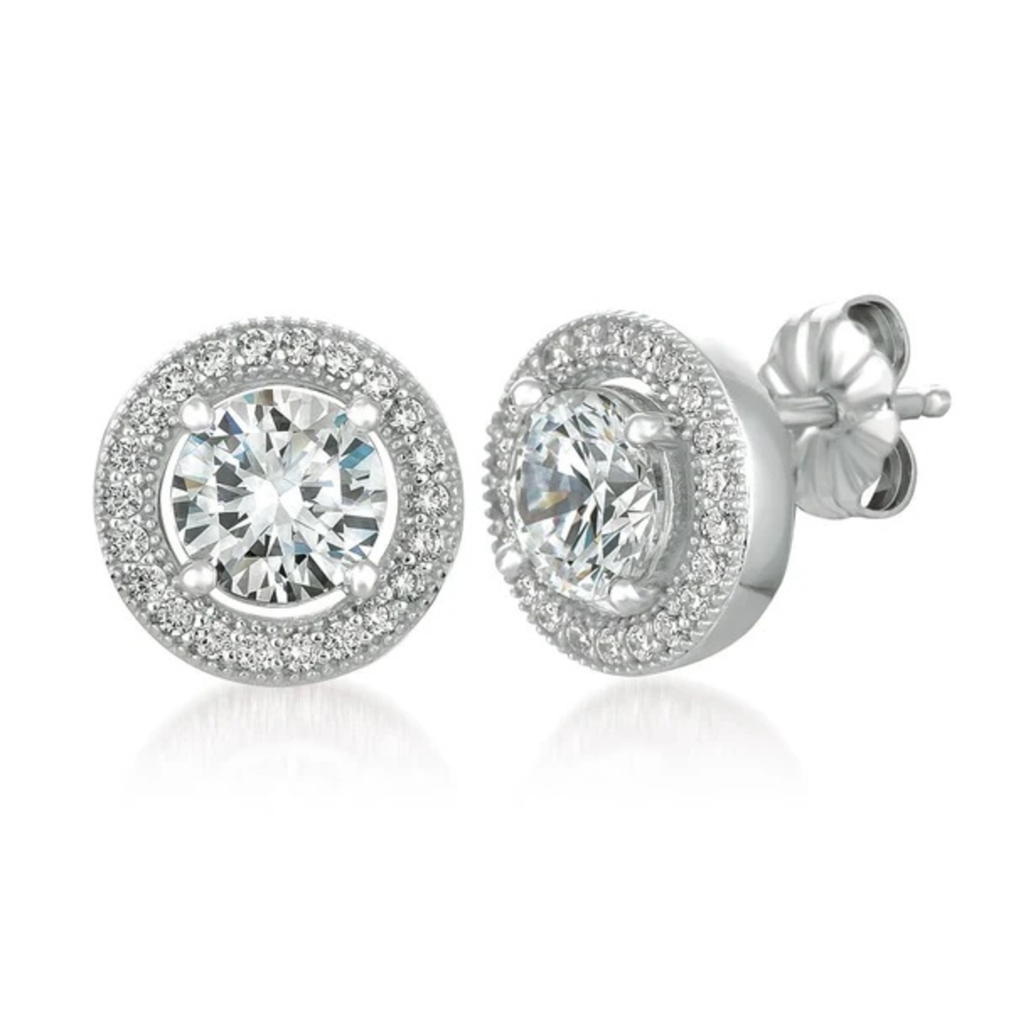 CRISLU BRILLIANT CUT STUD EARRINGS WITH HALO FINISHED IN PURE PLATINUM