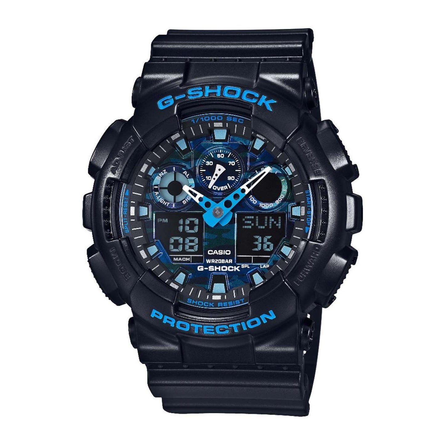 MENS G-SHOCK ANA-DIGI BLACK RESIN WATCH BLUE CAMOUFLAGE DIAL
