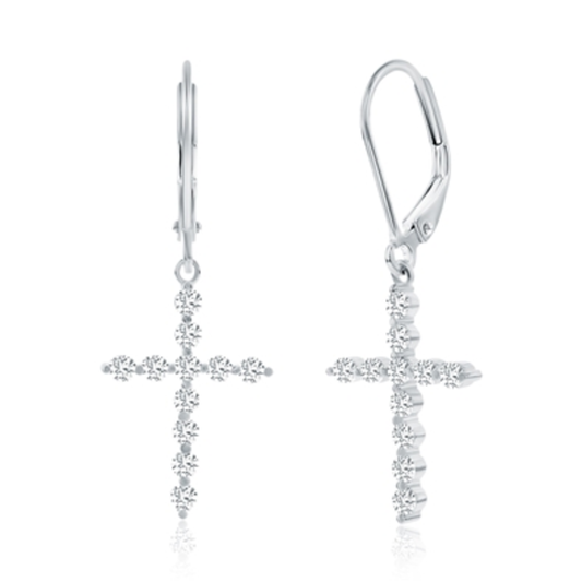 STERLING SILVER CRYSTAL CROSS EARRINGS, SILVER, 12X8MM