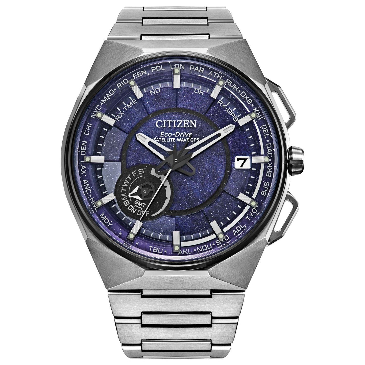 MEN'S SATELLITE WAVE GPS SUPER TITANIUM SILVER WATCH, BLUE COSMOS DIAL