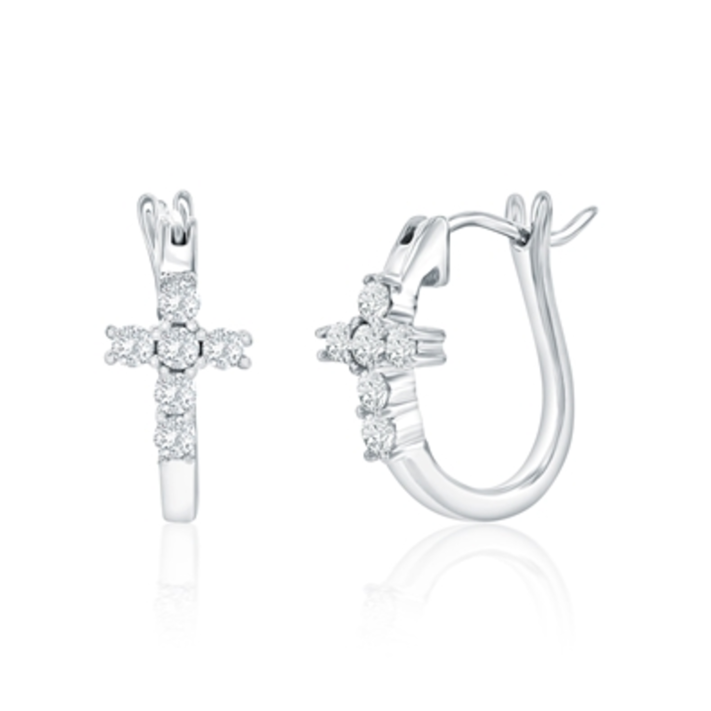 STERLING SILVER HUGGIE CROSS EARRINGS, SILVER, 15MM