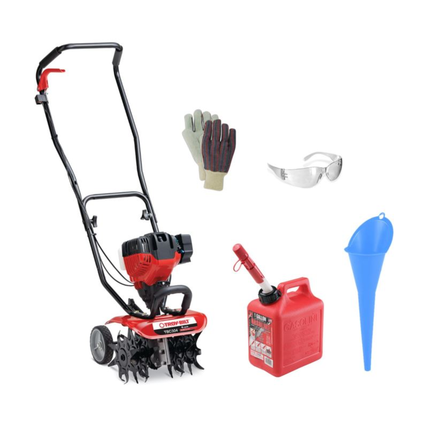 6 - TINE GAS CULTIVATOR WITH GLOVES SAFETY GLASSES FUNNEL AND GAS CAN