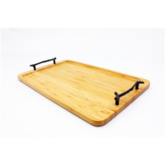BAMBOO TRAY WITH WROUGHT IRON HANDLES, NATURAL, 15.5''