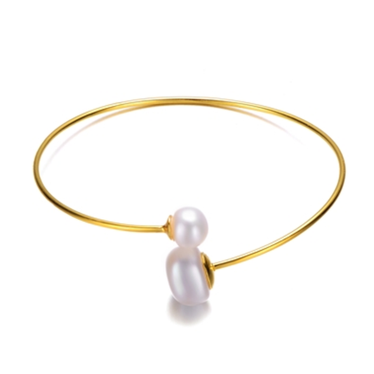 STERLING SILVER GOLD PLATED PEARL BANGLE, GOLD, 7.25"