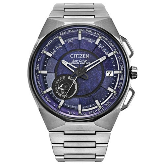 MEN'S SATELLITE WAVE GPS SUPER TITANIUM SILVER WATCH, BLUE COSMOS DIAL