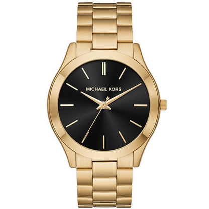 MENS SLIM RUNWAY GOLD-TONE STAINLESS STEEL WATCH BLACK DIAL