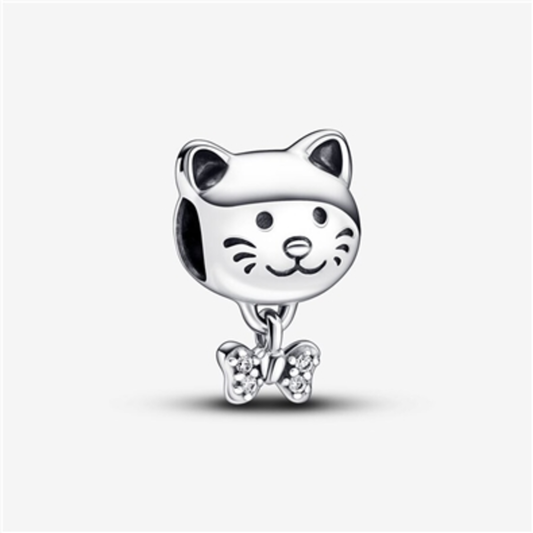 PET CAT AND BOW CHARM, SILVER