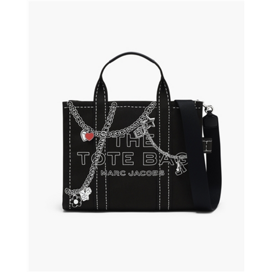 THE TROMPE L'OEIL CHARM CANVAS MEDIUM TOTE BAG, BLACK MULTI