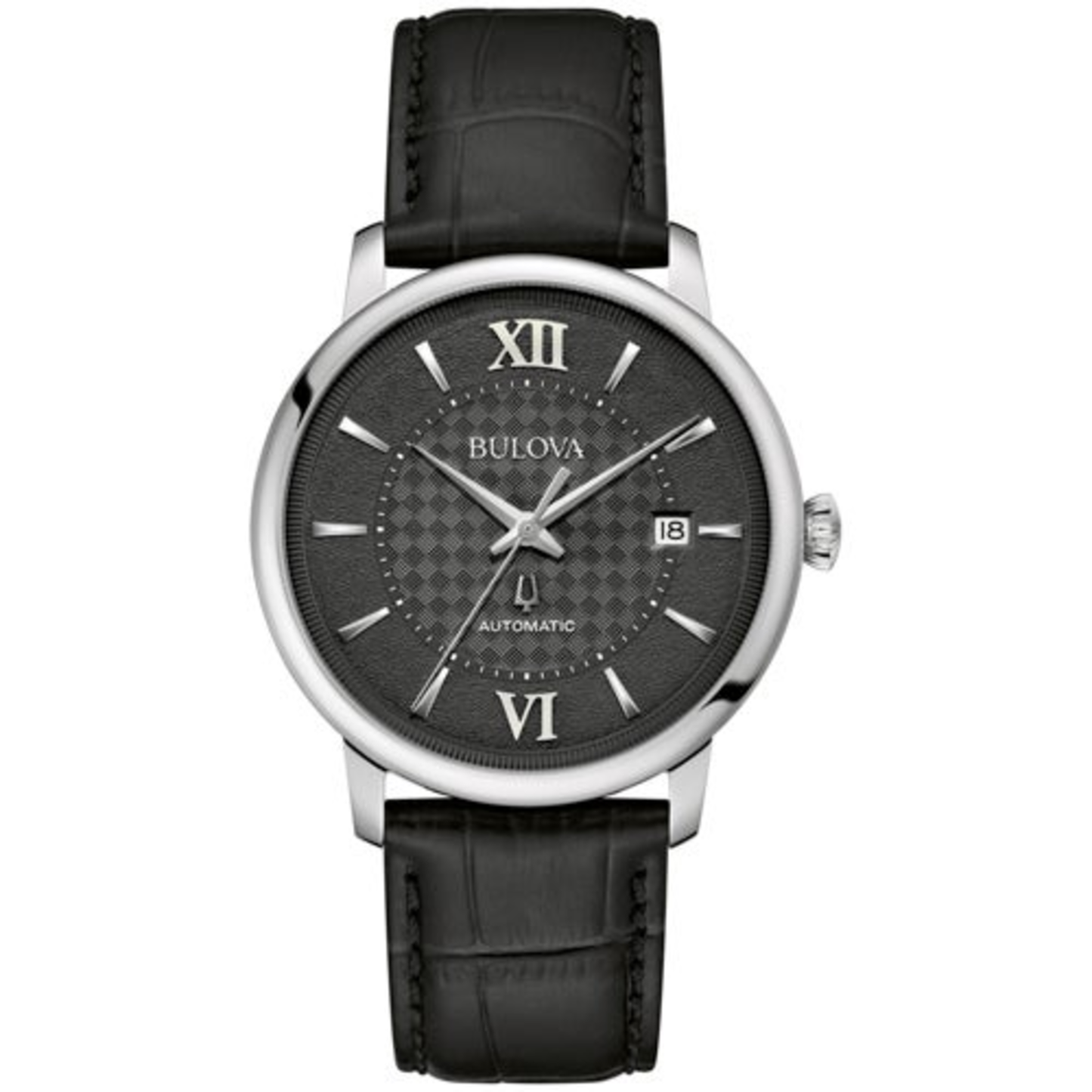 MEN'S HUDSON AUTOMATIC BLACK LEATHER STRAP WATCH, BLACK BASKETWEAVE DIAL