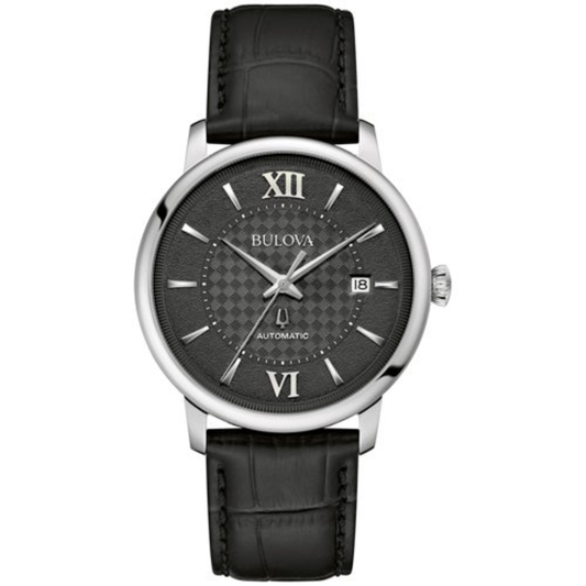 MEN'S HUDSON AUTOMATIC BLACK LEATHER STRAP WATCH, BLACK BASKETWEAVE DIAL