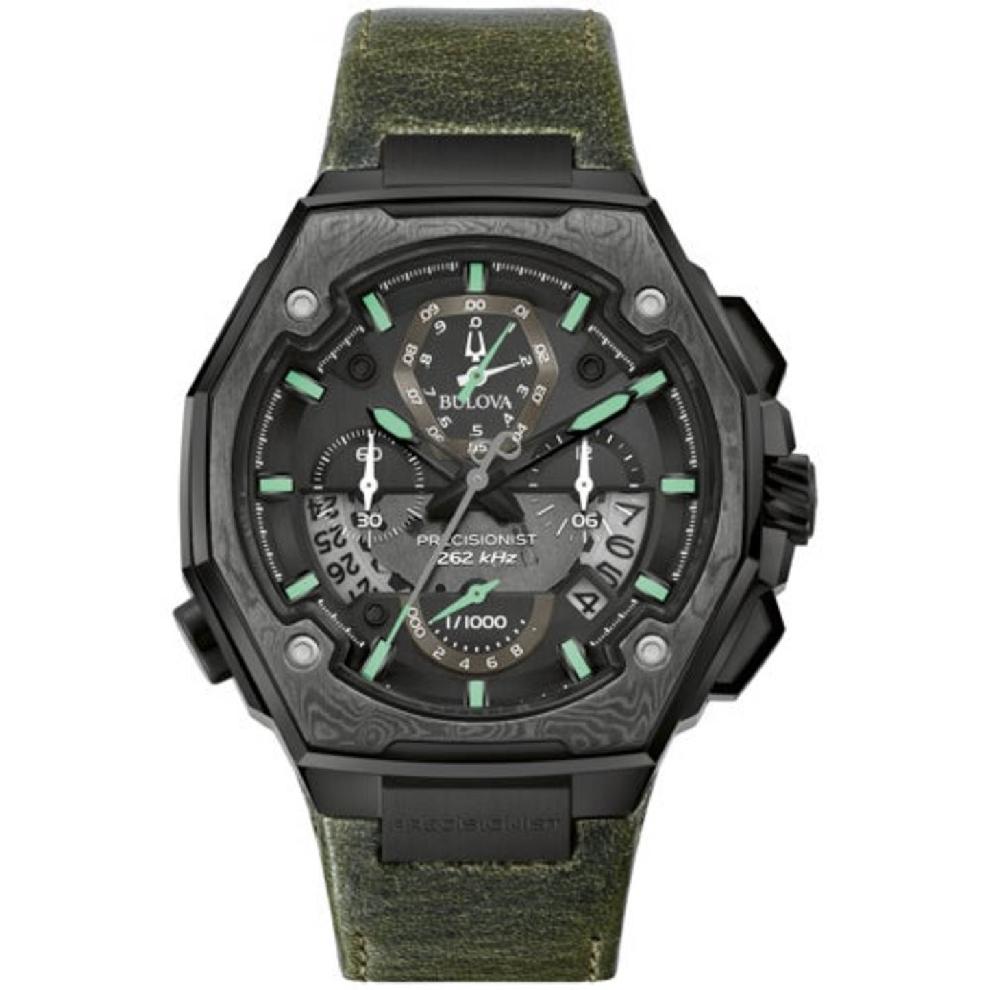 MEN'S SERIES X SE PRECISIONIST CHRONOGRAPH GREEN LEATHER STRAP WATCH, BLACK DIAL