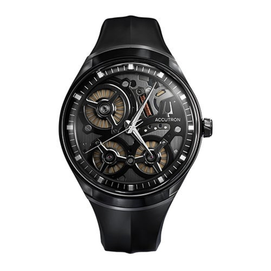 MEN'S ACCUTRON DNA ELECTROSTATIC GRAY & BLACK RUBBER STRAP WATCH, BLACK DIAL