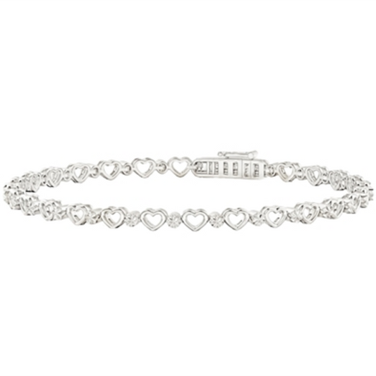 DIAMOND CUT AND HEARTS BRACELET, SILVER, 8"