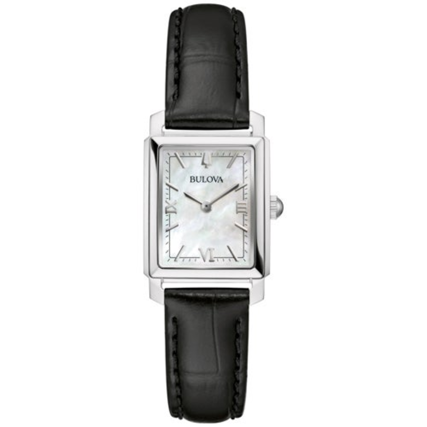 LADIES' SUTTON GOLD & BLACK LEATHER STRAP RECTANGLE WATCH, MOTHER-OF-PEARL DIAL