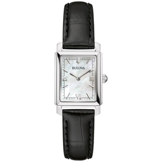 LADIES' SUTTON GOLD & BLACK LEATHER STRAP RECTANGLE WATCH, MOTHER-OF-PEARL DIAL