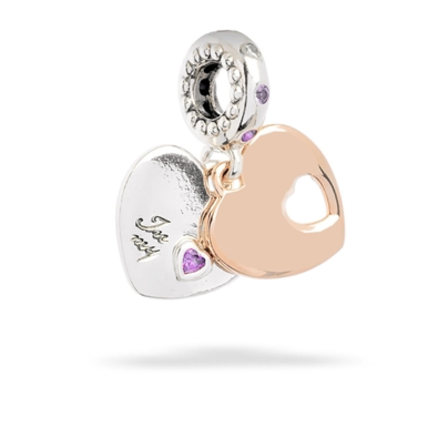 TWO HEARTS DANGLE CHARM, SILVER/PURPLE