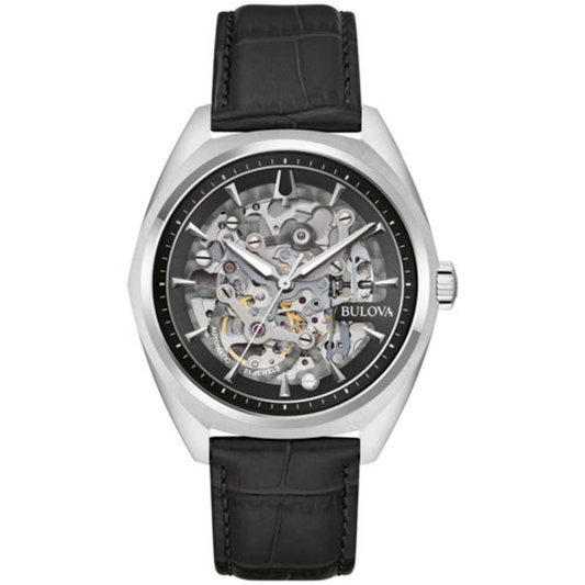 MEN'S SURVEYOR AUTOMATIC BLACK LEATHER STRAP WATCH, SILVER SKELETON DIAL