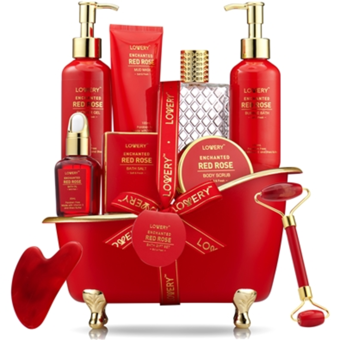 RED ROSE HOME SPA AND BATH BASKET, RED / GOLD, 11 PIECES