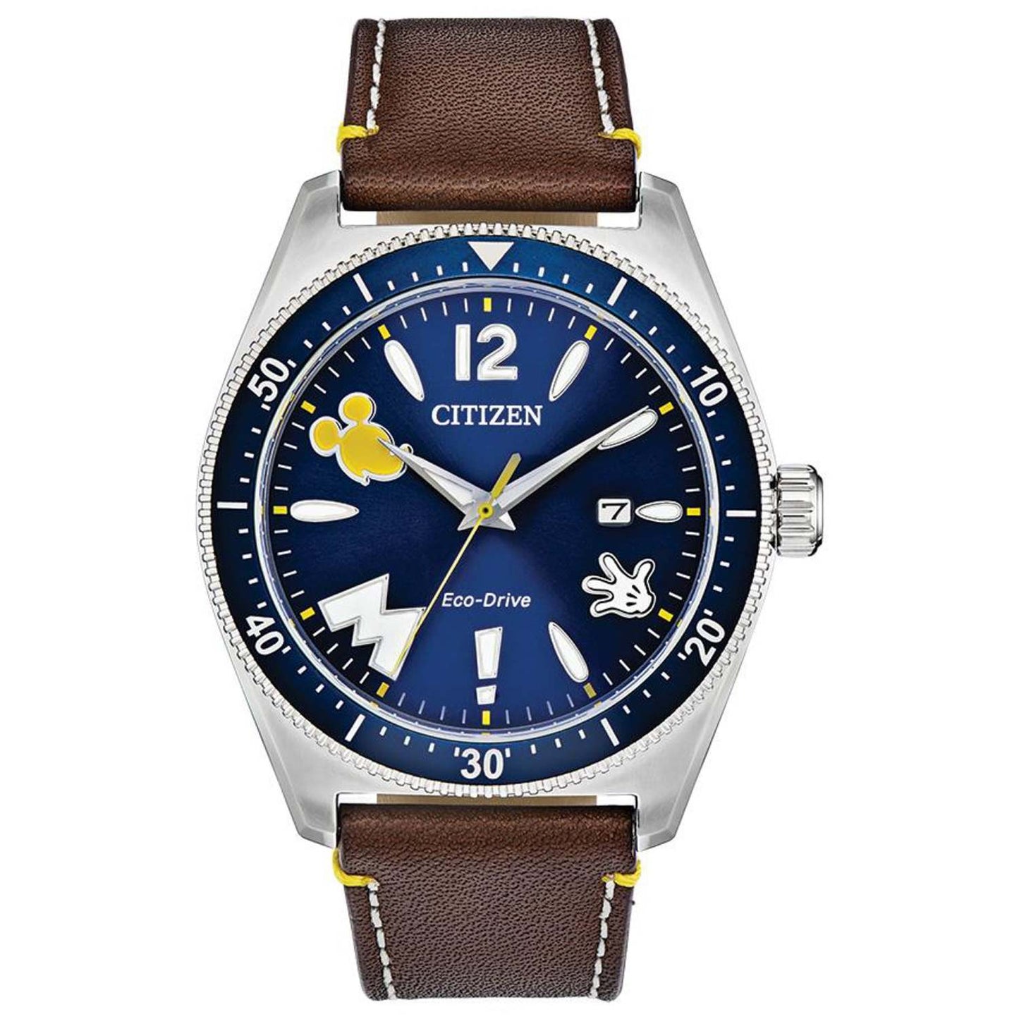 MEN'S VINTAGE MICKEY MOUSE ECO-DRIVE BROWN LEATHER STRAP WATCH, NAVY DIAL