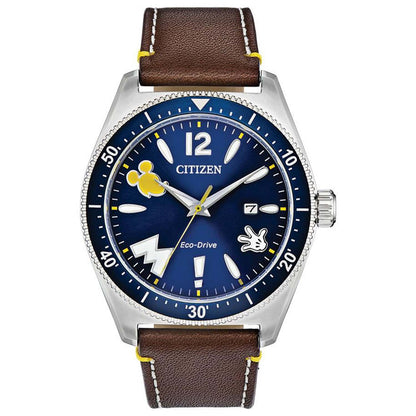 MEN'S VINTAGE MICKEY MOUSE ECO-DRIVE BROWN LEATHER STRAP WATCH, NAVY DIAL