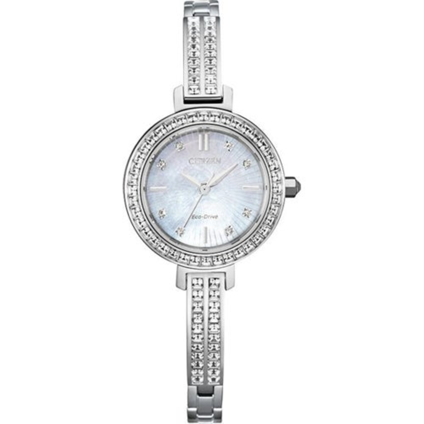 LADIES' SILHOUETTE CRYSTAL SILVER-TONE STAINLESS STEEL BANGLE WATCH, MOP DIAL
