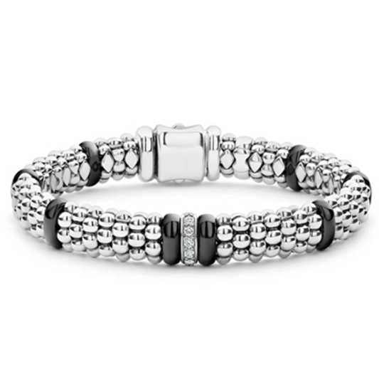 SINGLE STATION DIAMOND CAVIAR BRACELET, BLACK, 7"